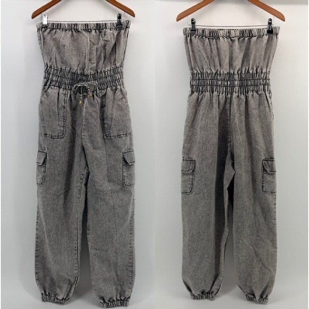 Hint of Blush Womens Strapless Acid Wash Denim Cargo Jumpsuit Y2K Retro‎ Small